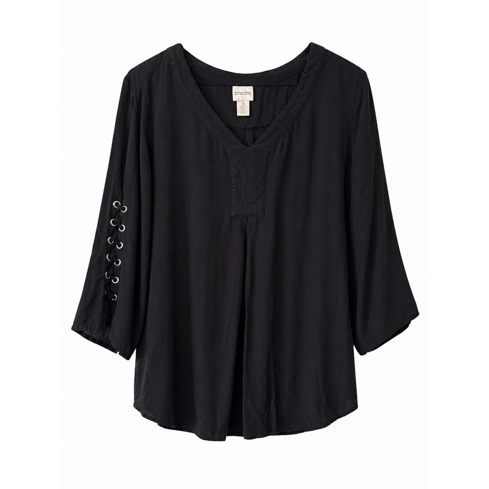 Chico's Black Blouse Size 3 XL V-Neck Lace Up Sleeve Boho Casual Top - Picture 1 of 14